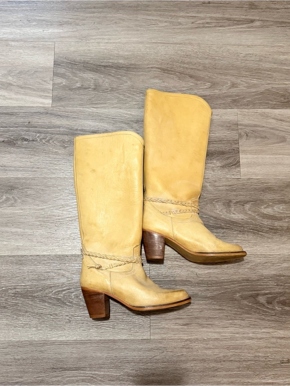 Women's Yellow Leather Mid-Calf Heeled Boots with Braided Detail
